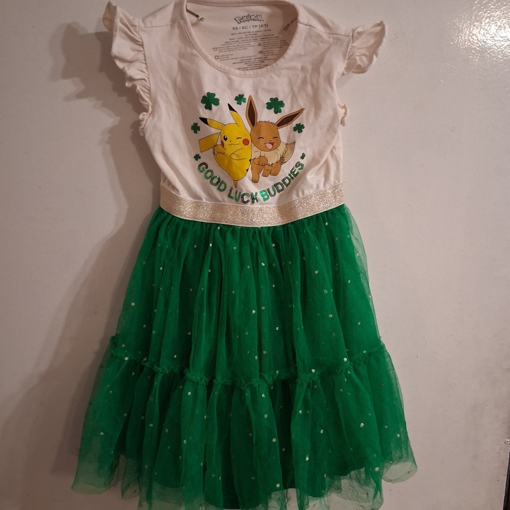 Pokémon Pikachu Eevee St. Patrick's Day Dress Lucky‎ Shamrock EUC Girls 4/5